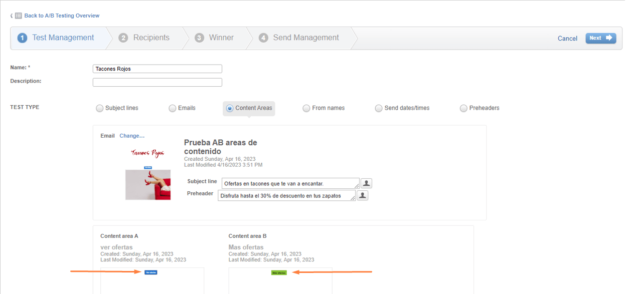Vista de la herramienta Marketing Cloud, en el caso de pruebas con áreas de contenido.