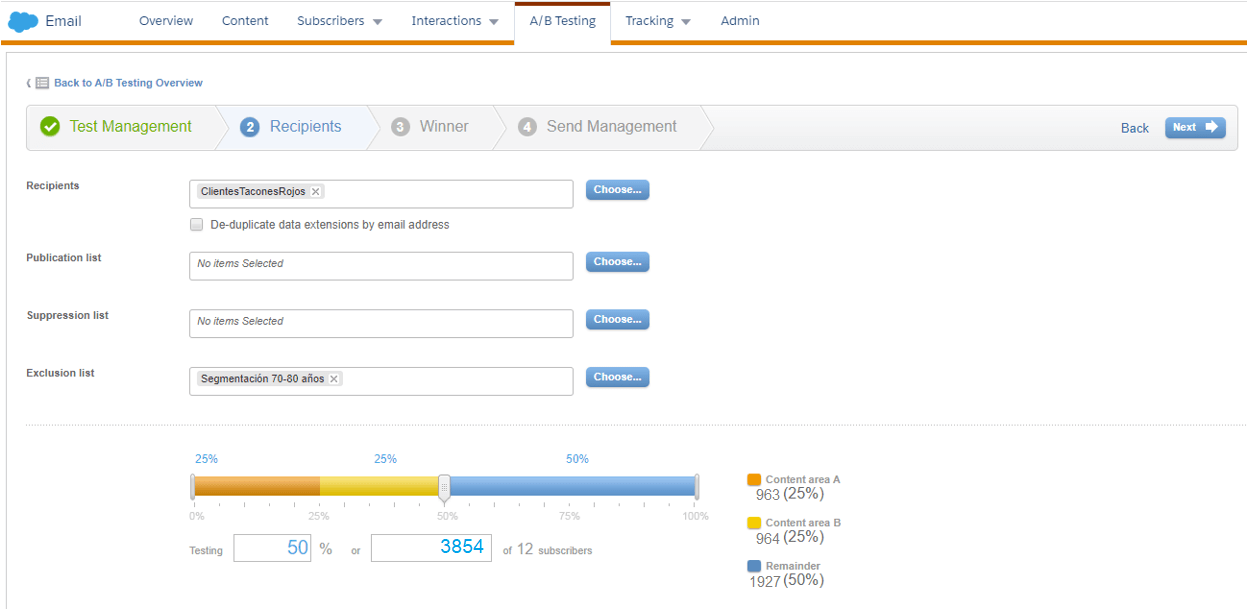 Vista de la herramienta Marketing Cloud, en la realización de la prueba A/B, escogiendo a la audiencia a impactar.