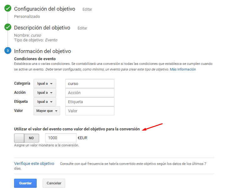 Configurar valores en objetivos de Analytics Configurar valores en objetivos de Analytics