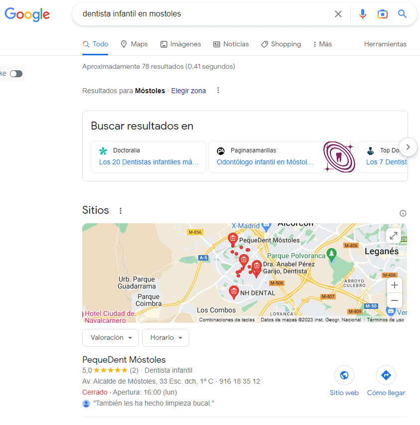 SERPs para la búsqueda dentista infantil en Móstoles