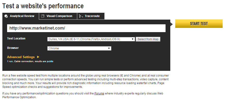 Herramienta WebPagetest para velocidad de carga web