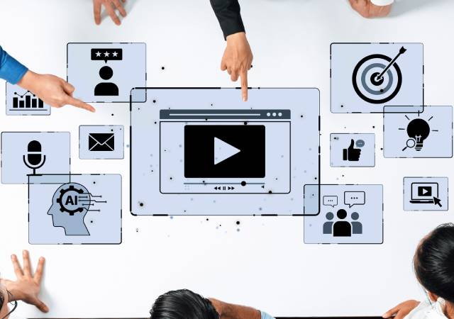 Iconos digitales de marketing e IA sobre una mesa de trabajo en equipo