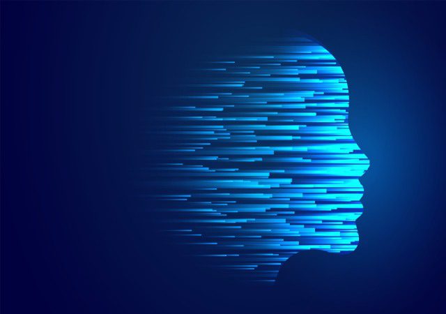 Silueta de un rostro humano en azul formada por líneas de datos digitales en movimiento