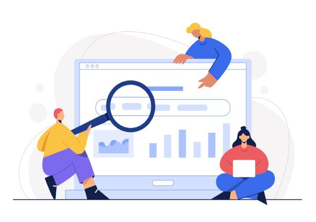 Ilustración de un equipo analizando métricas de rendimiento y gráficos estadísticos en una pantalla gigante para optimizar modelos de atribución