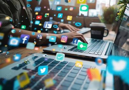 Varias manos escribiendo en ordenadores portátiles rodeadas de iconos flotantes de redes sociales en un entorno de oficina