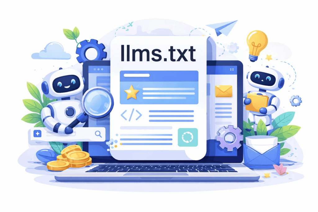 Ilustración de un ordenador portátil con un documento del archivo llms.txt rodeado de pequeños robots rastreadores de inteligencia artificial
