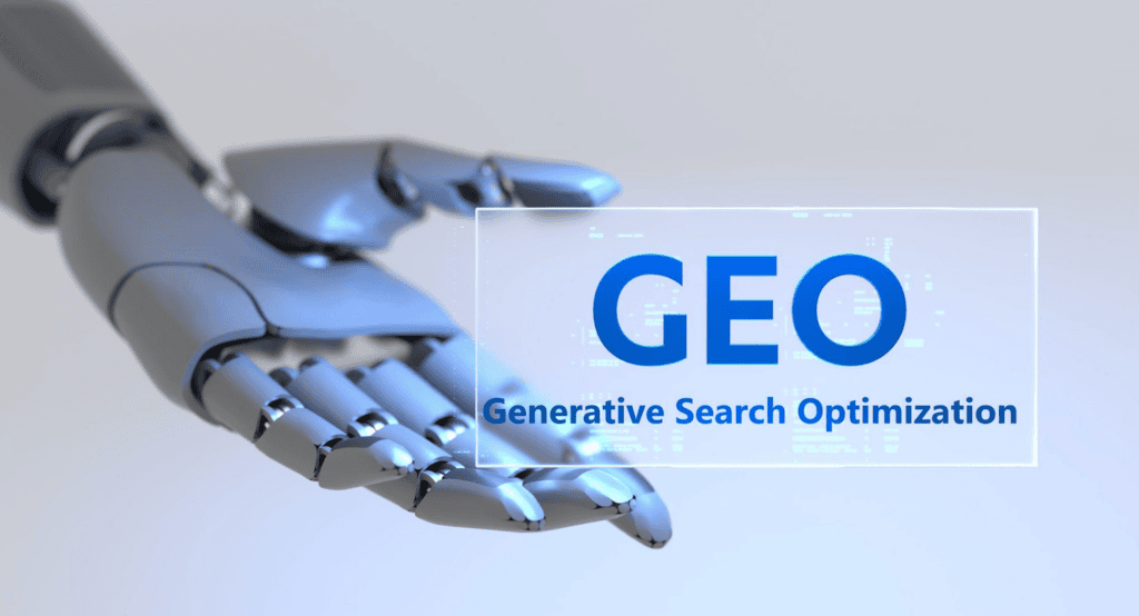 Mano robótica sosteniendo panel digital con el texto GEO y Generative Search Optimization