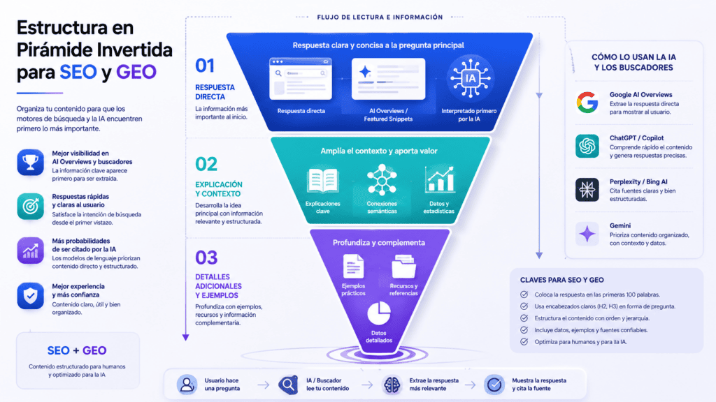 Infografía sobre la estructura en pirámide invertida para SEO y GEO