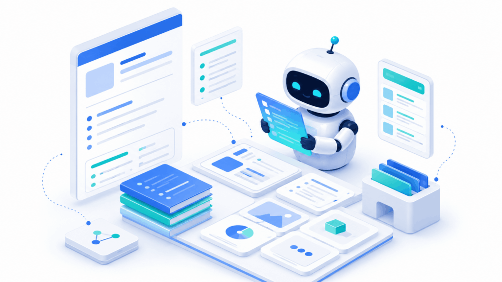 Robot de IA leyendo contenido web bien estructurado con encabezados, listas y fichas organizadas