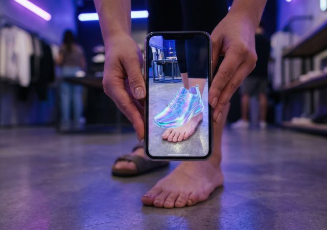 Persona probándose un zapato con realidad aumentada