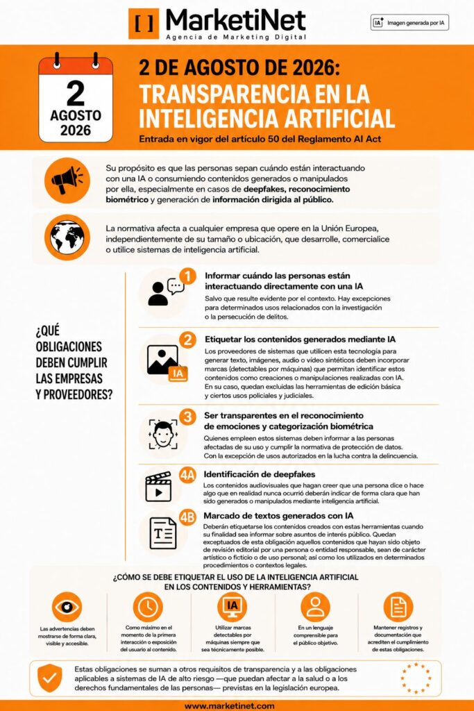 Claves para cumplir con las disposiciones del art. 50 de la AI Act europea que entran en vigor en agosto de 2026.