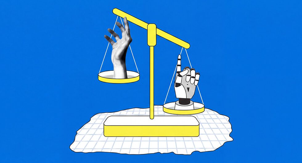 La imagen muestra una representación visual del uso responsable de la IA, destacando cómo la inteligencia artificial y la inteligencia humana pueden trabajar juntas para crear experiencias digitales más útiles, transparentes y centradas en las personas.